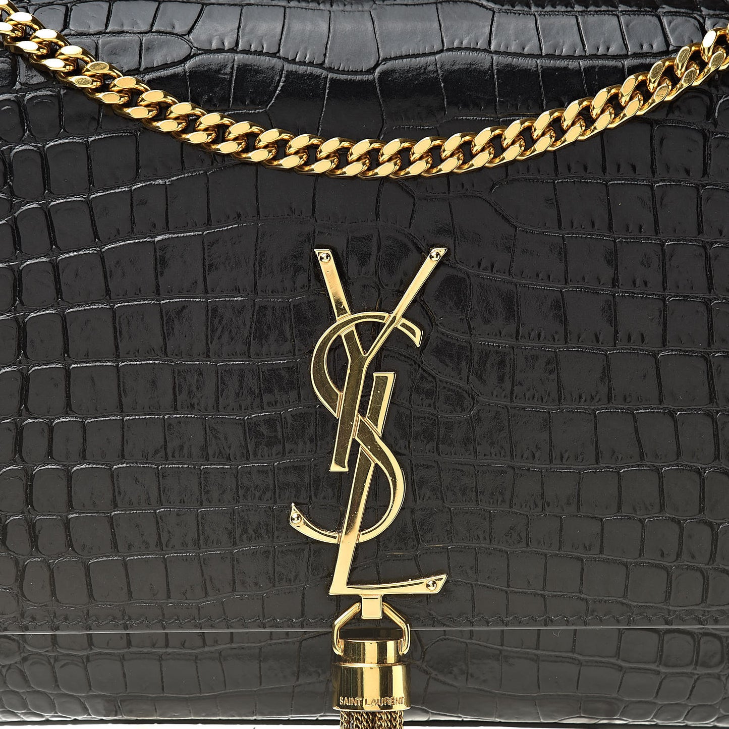 Calfskin Crocodile Embossed Medium Classic Monogram Kate Tassel Satchel Black