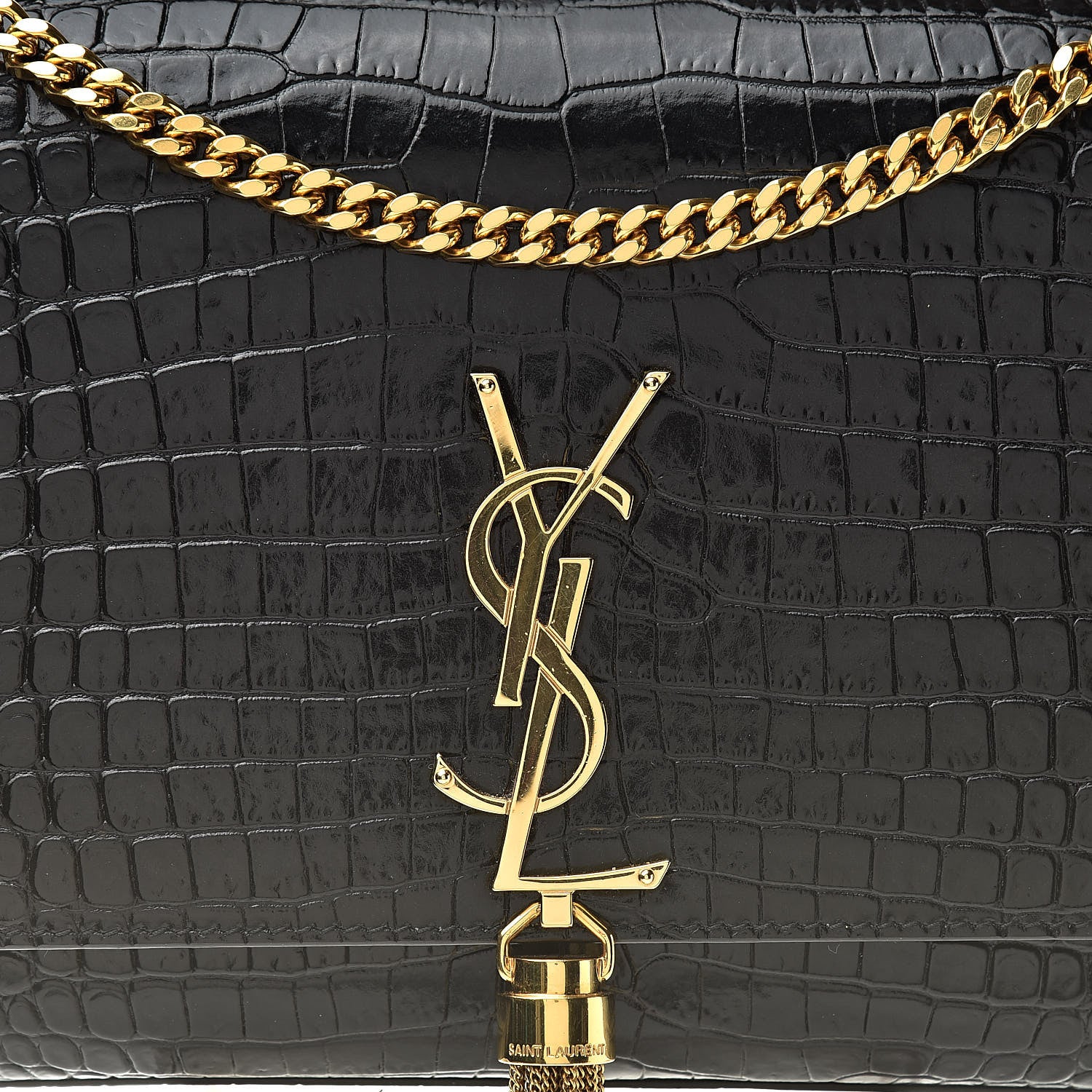 Saint Laurent Calfskin Crocodile Embossed Medium Classic Monogram Kate Tassel Satchel Black 8 of 12