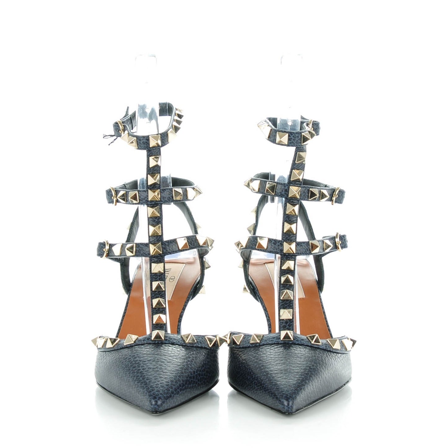 Pebbled Calfskin Rockstud Ankle Strap 65mm Pumps 36.5 Deep Denim