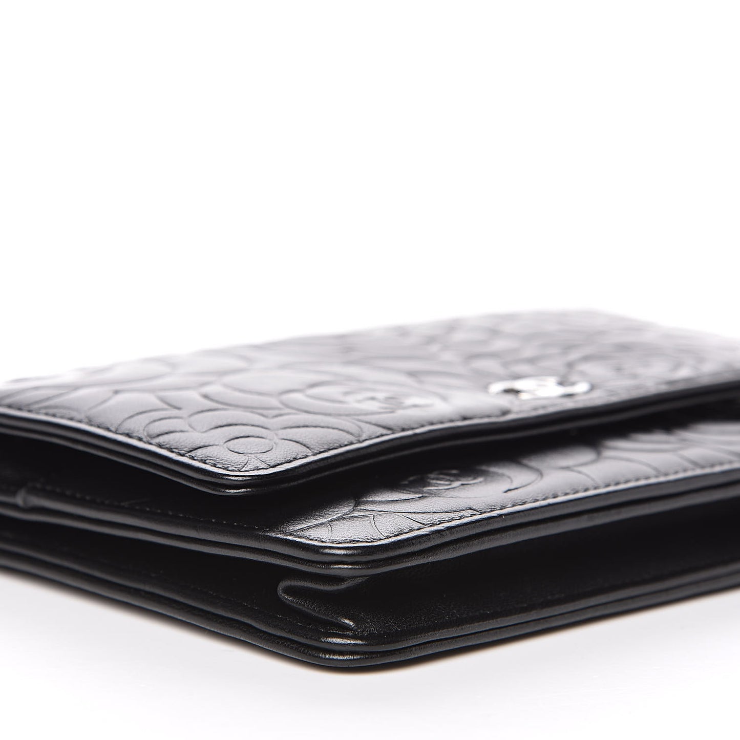 Lambskin Camellia Embossed Wallet on Chain WOC Black