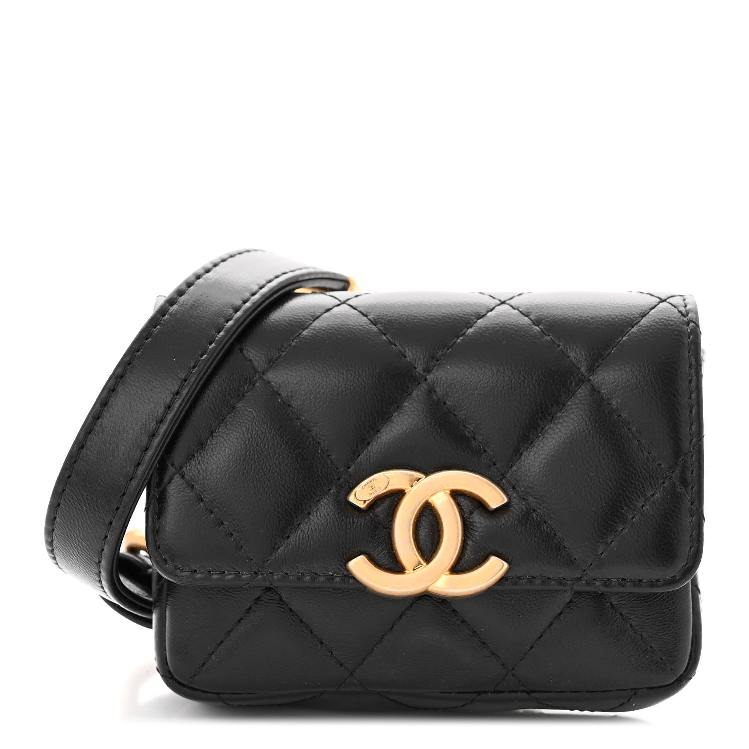 Chanel Lambskin Lacquered Metal Quilted Flap Chain Belt Bag Black 1 of 11