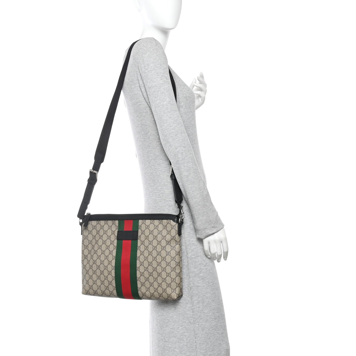 Gucci GG Supreme Monogram Calfskin Web Medium Flat Messenger Bag Beige Ebony Black 2 of 10