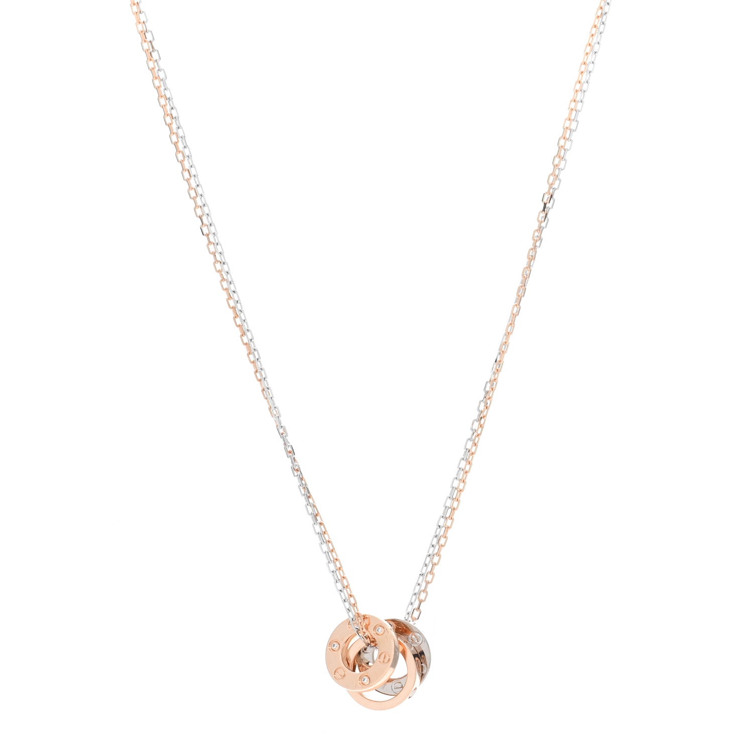 Cartier 18K White Pink Gold Diamond Three Ring LOVE Pendant Necklace 1 of 5
