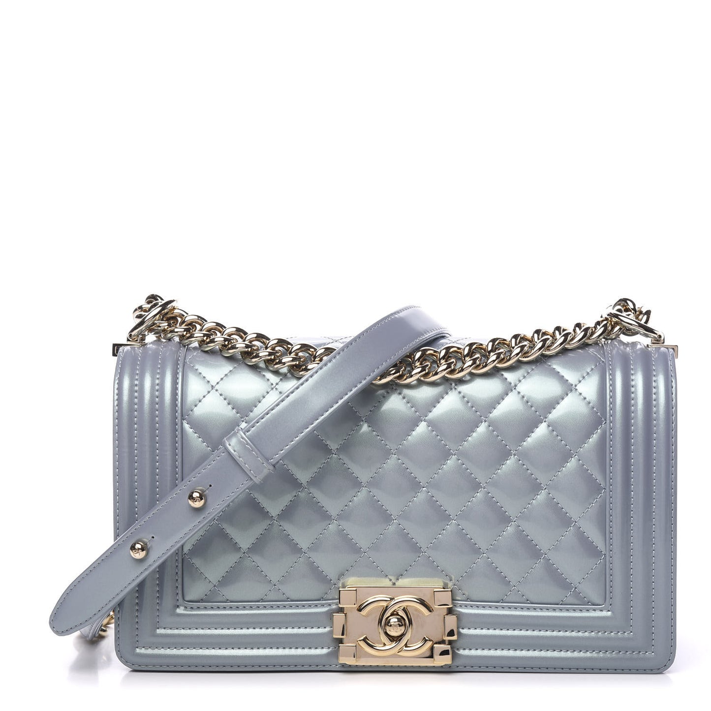 Iridescent Patent Calfskin Quilted Medium Boy Flap Light Blue
