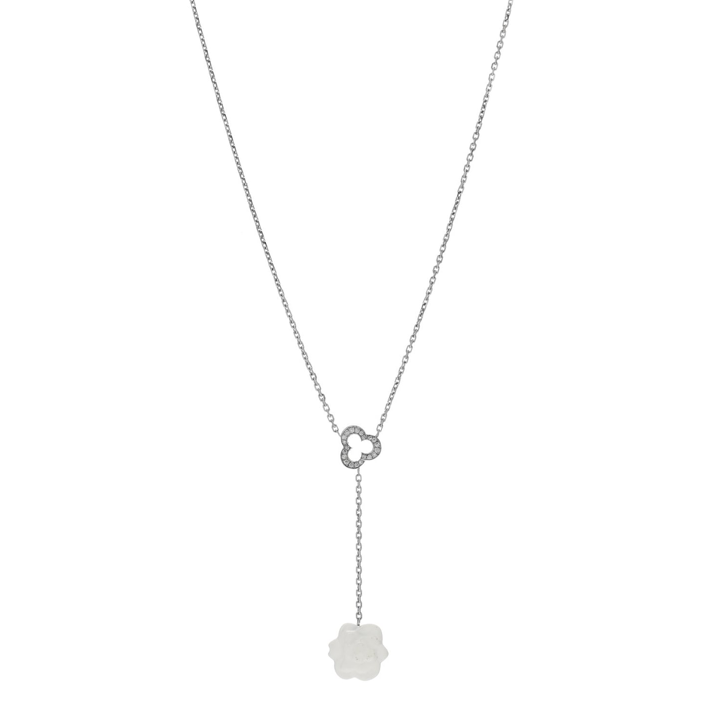 18K White Gold Diamond Agate Camelia Sculpte Pendant Necklace