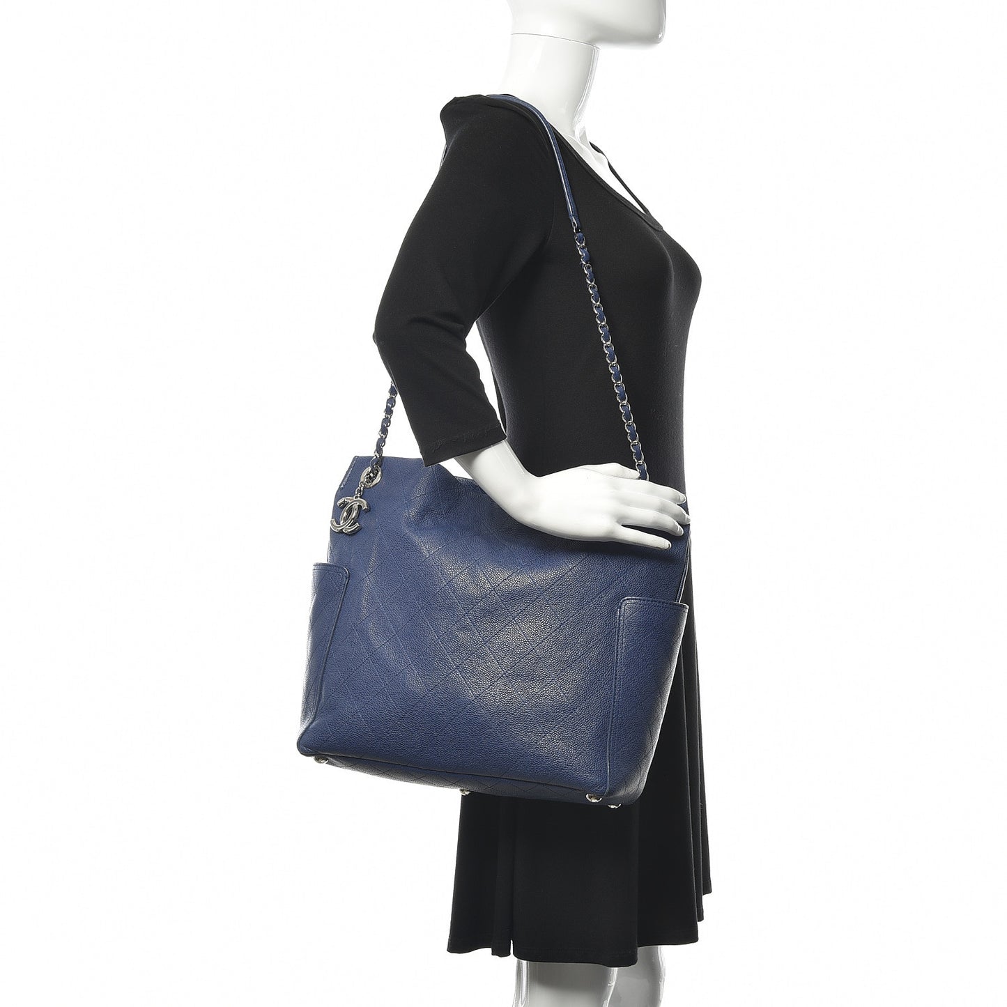 Grained Calfskin CC Pocket Tote Navy Blue