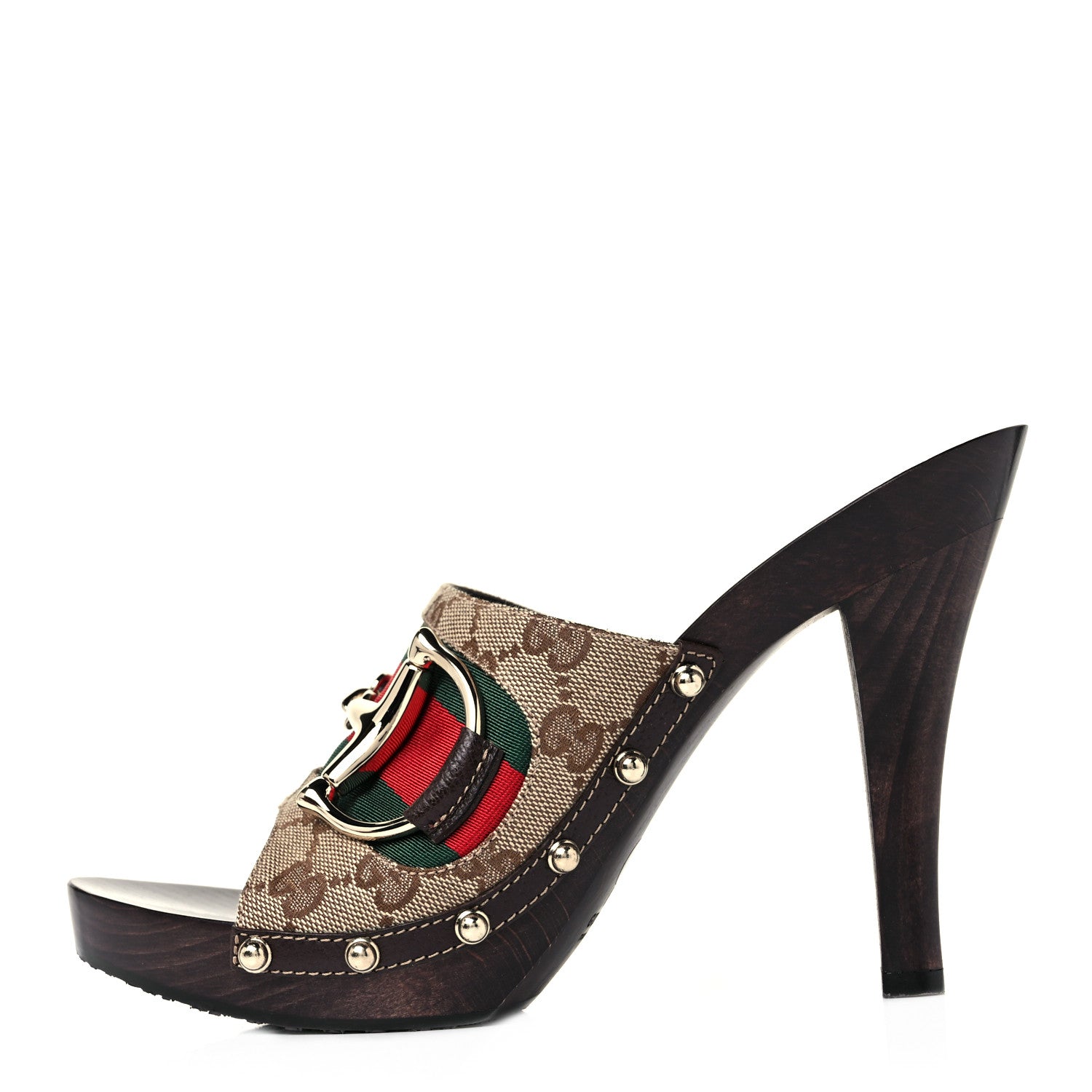 Gucci Monogram Natural Pigskin Web Icon Bit Platform Clog High Heel Slide Sandals 9 Beige Ebony Cocoa 1 of 9