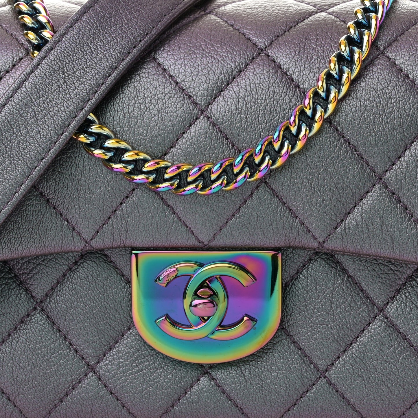 Iridescent Goatskin Quilted Small Double Carry Waist Chain Flap Purple