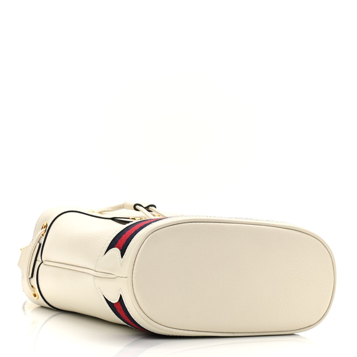 Glazed Textured Calfskin Web Small Ophidia Bucket Bag Mystic White