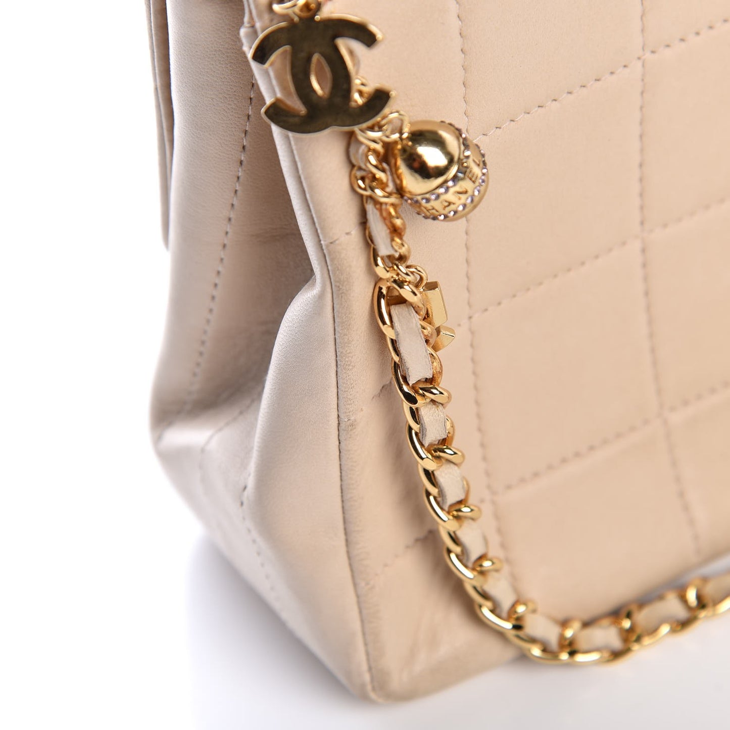 Lambskin Quilted Crystal Chocolate Bar Charm Flap Beige
