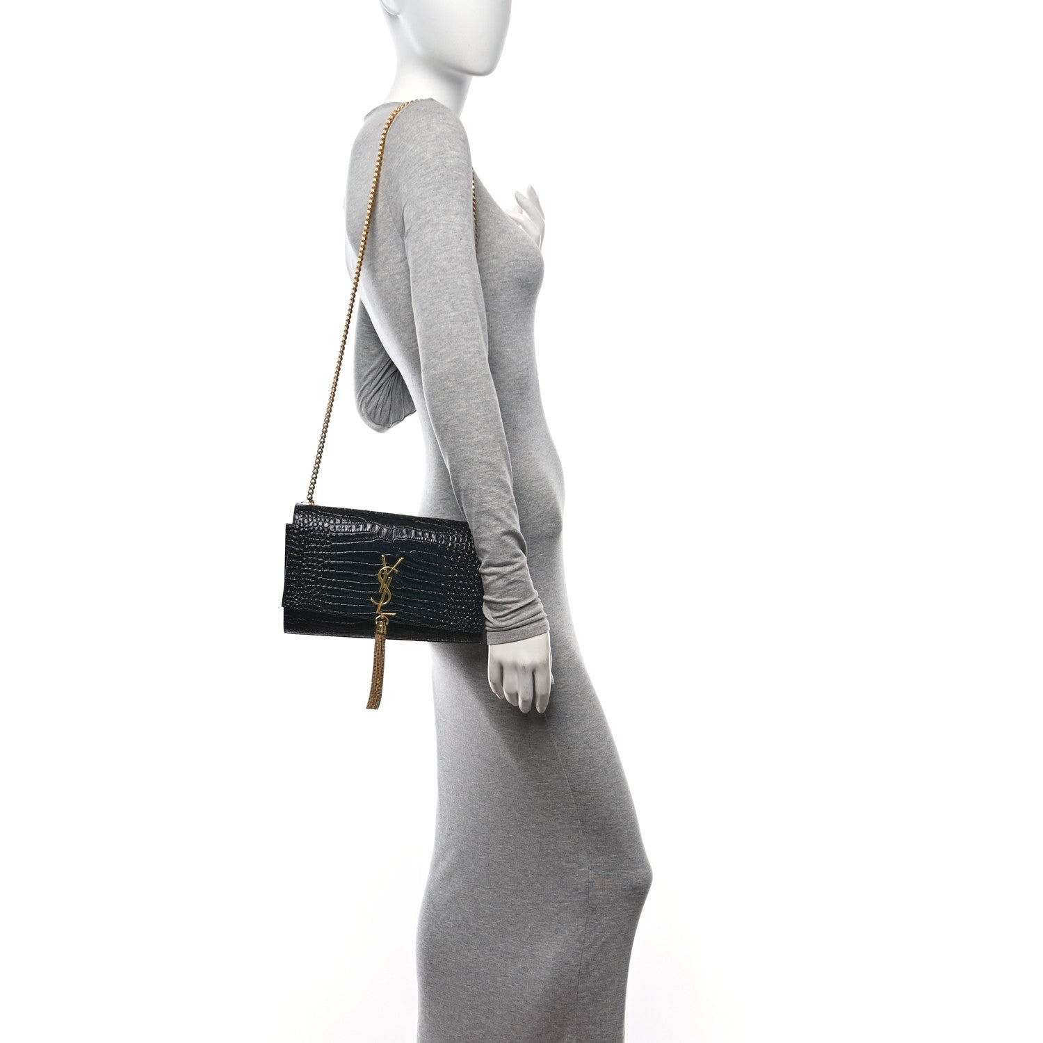 Saint Laurent Calfskin Crocodile Embossed Medium Classic Monogram Kate Tassel Satchel Black 3 of 12