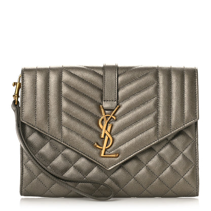Saint Laurent Grain De Poudre Textured Mixed Matelasse Triquilt Monogram Clutch Piombo 1 of 8