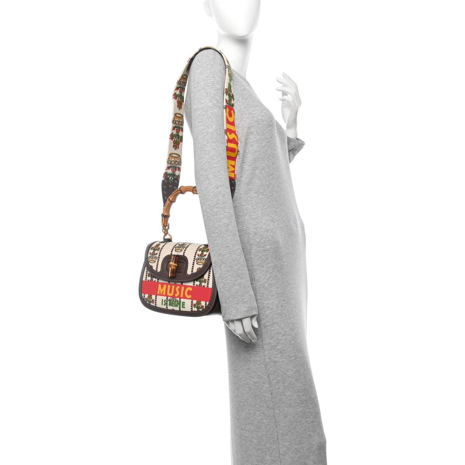 Gucci Canvas Calfskin 100 Centennial Music Medium Bamboo 1947 Top Handle Bag Multicolor 2 of 10