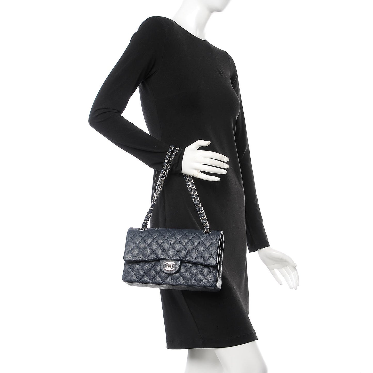 Caviar Quilted Medium Double Flap Navy
