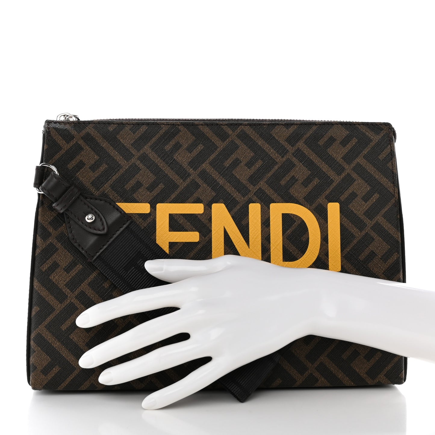 Shiny Glazed Fabric Vitello Cover FF 1974 Logo Clutch Tobacco Moro Giallo Ebano