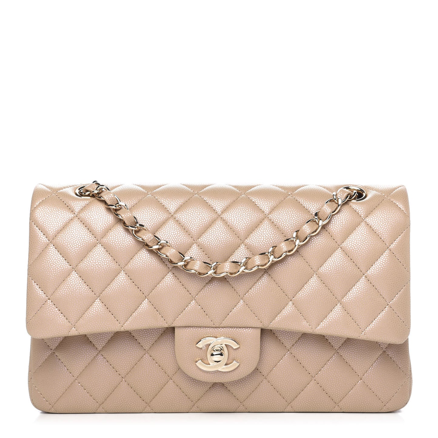 Iridescent Caviar Quilted Medium Double Flap Dark Beige
