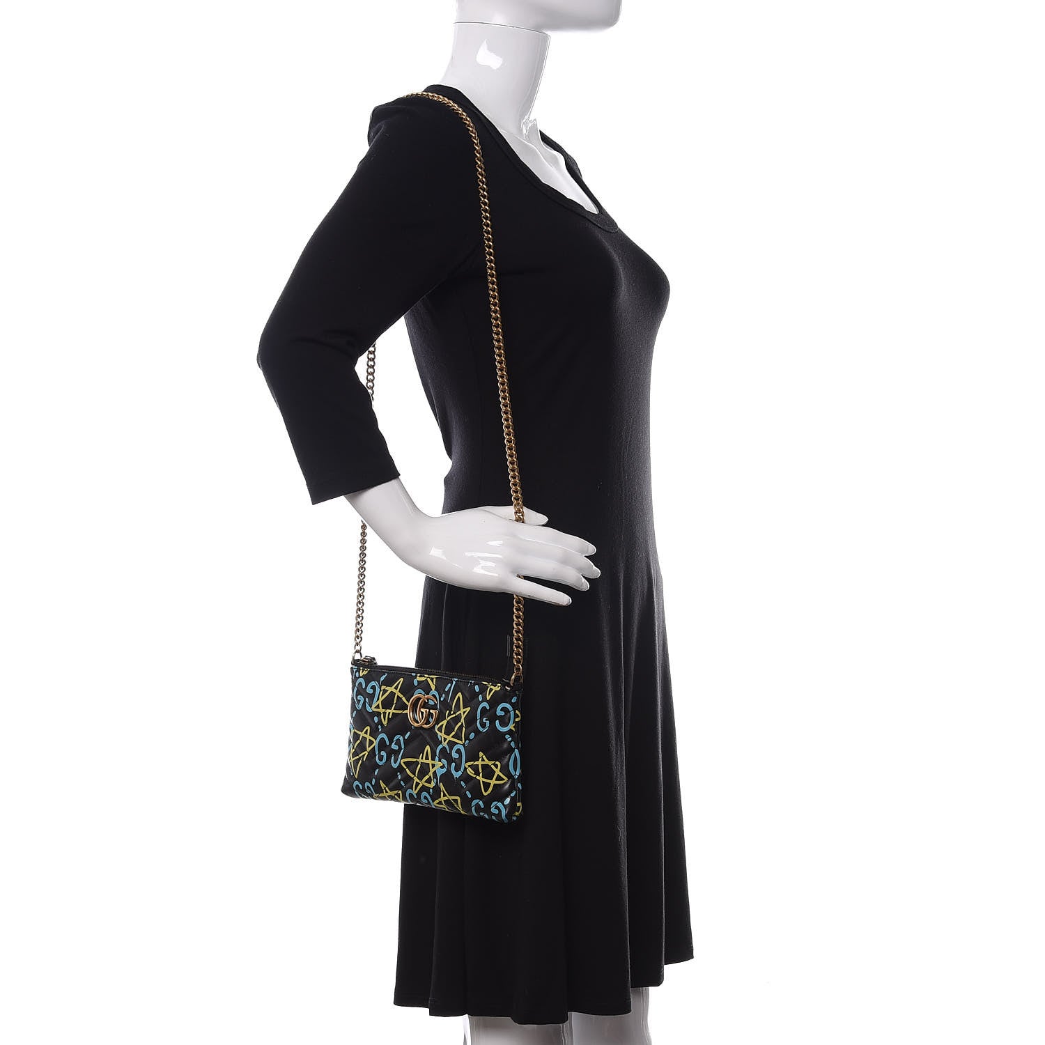 Gucci Calfskin Matelasse Printed Mini GucciGhost GG Marmont Chain Bag Black New AcquamarineCalfskin Matelasse GucciGhost Mini GG Marmont Chain Bag Black New Acquamarine 2 of 10