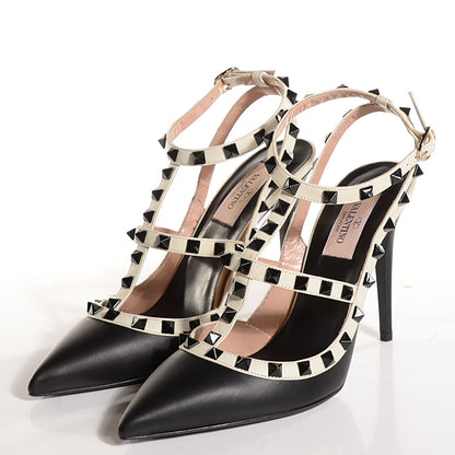 Valentino Garavani Nappa Rockstud Ankle Strap 100mm Pumps 38.5 Black Light Ivory 3 of 8