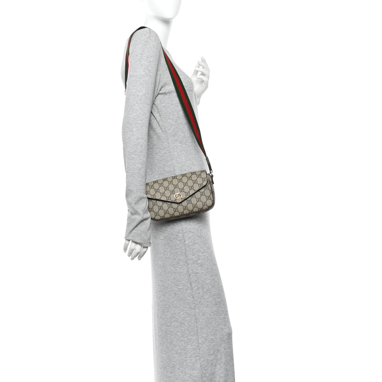 GG Supreme Monogram Textured Dollar Calfskin Web Mini Ophidia Envelope Shoulder Bag Beige Ebony