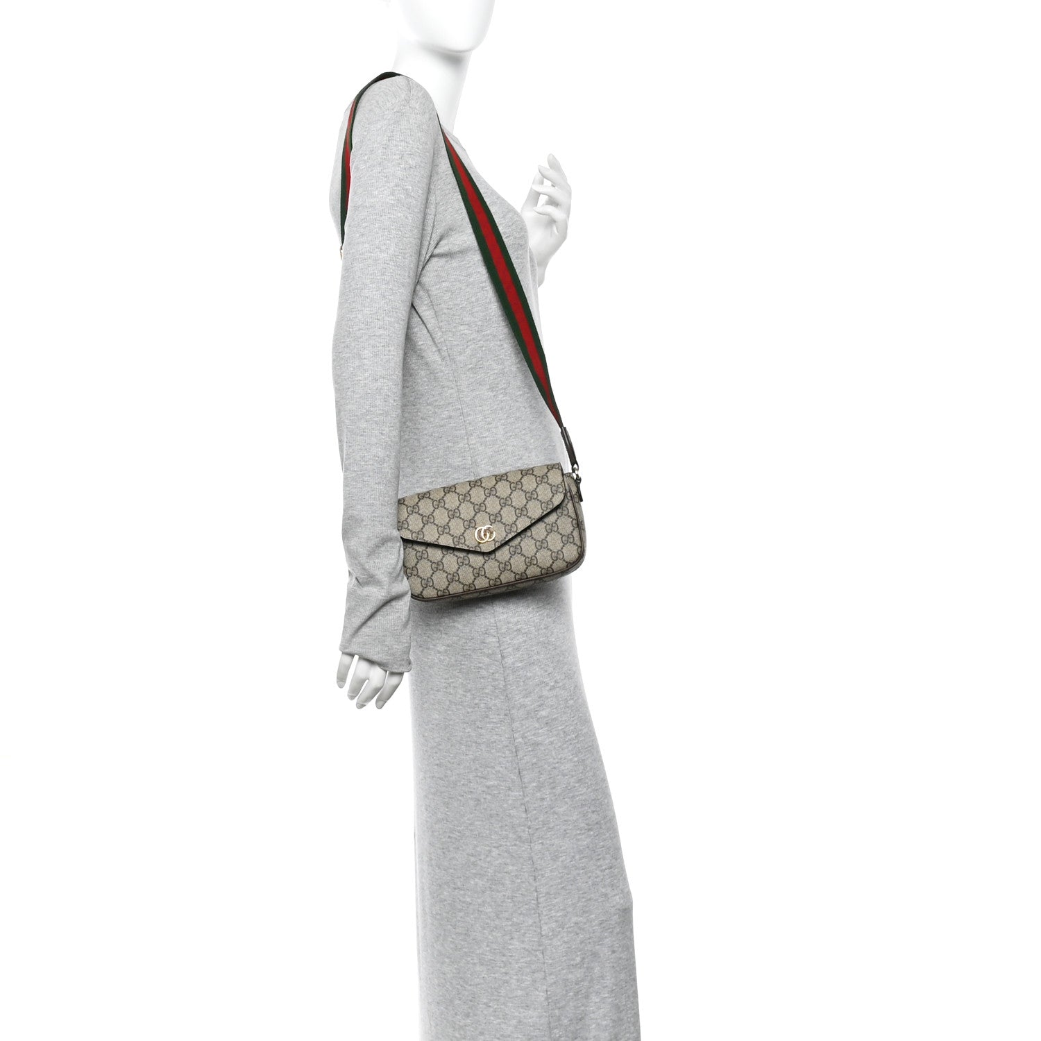 Gucci GG Supreme Monogram Textured Dollar Calfskin Web Mini Ophidia Envelope Shoulder Bag Beige Ebony 2 of 11