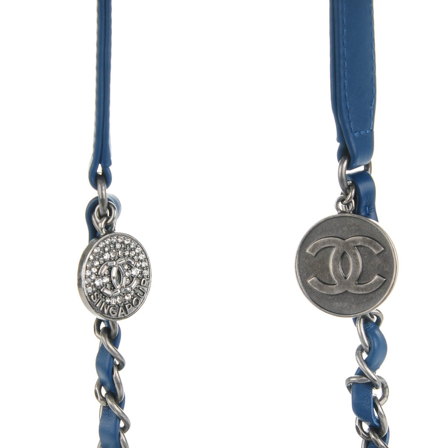 Calfskin Denim Fringe Chains CC Drawstring Bucket Bag Blue