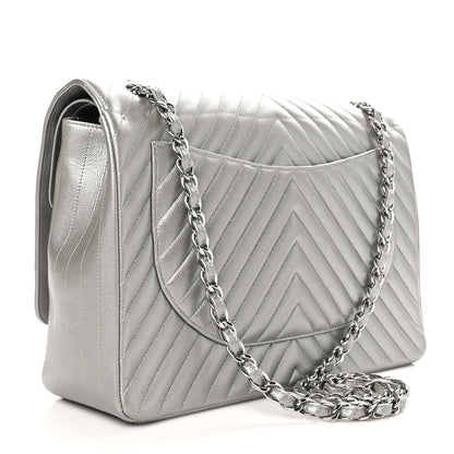 Chanel Metallic Caviar Chevron Quilted Maxi Double Flap Silver 3 of 10