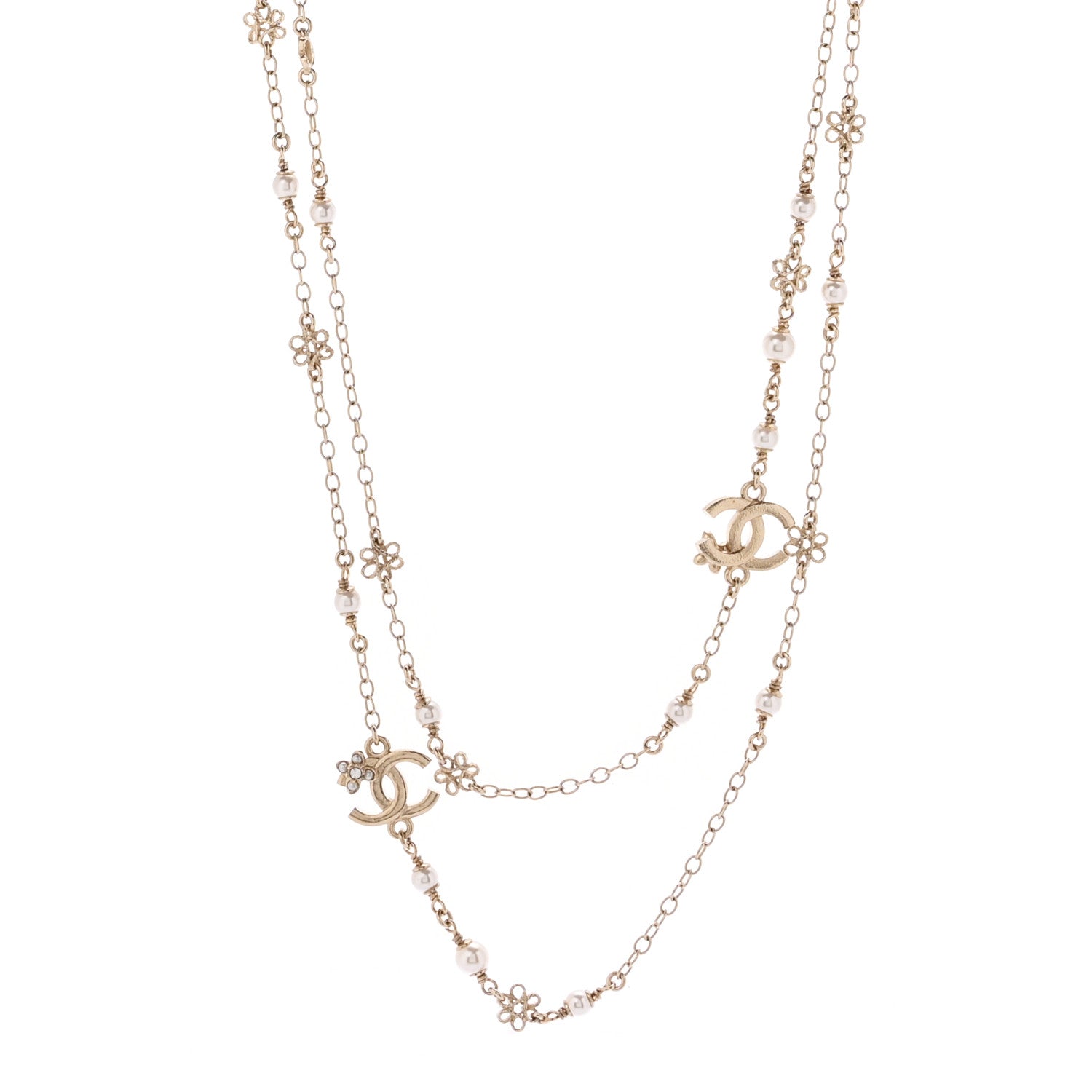 Chanel Crystal Pearl CC Flower Charms Long Necklace Light Gold 1 of 5