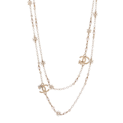 Chanel Crystal Pearl CC Flower Charms Long Necklace Light Gold 1 of 5