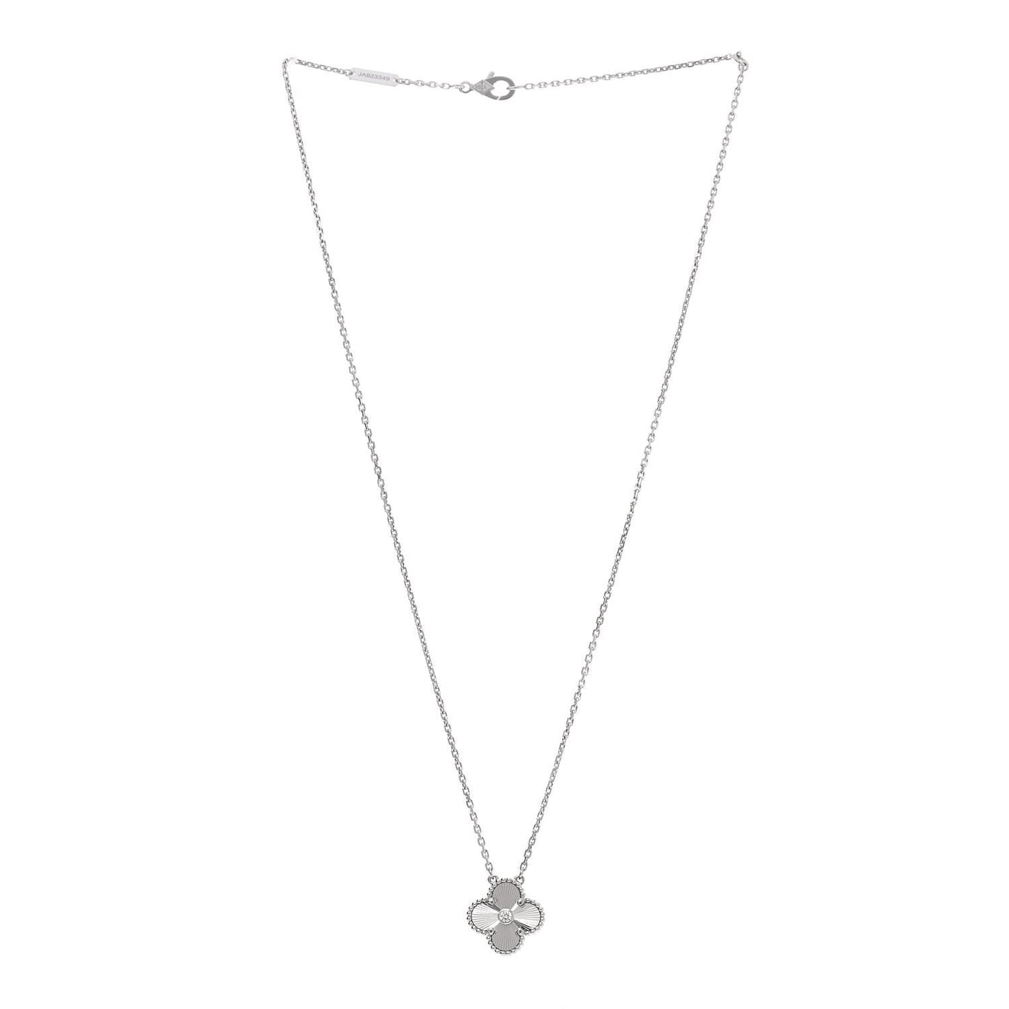 18K White Gold Diamond Guilloche Vintage Alhambra Pendant Necklace