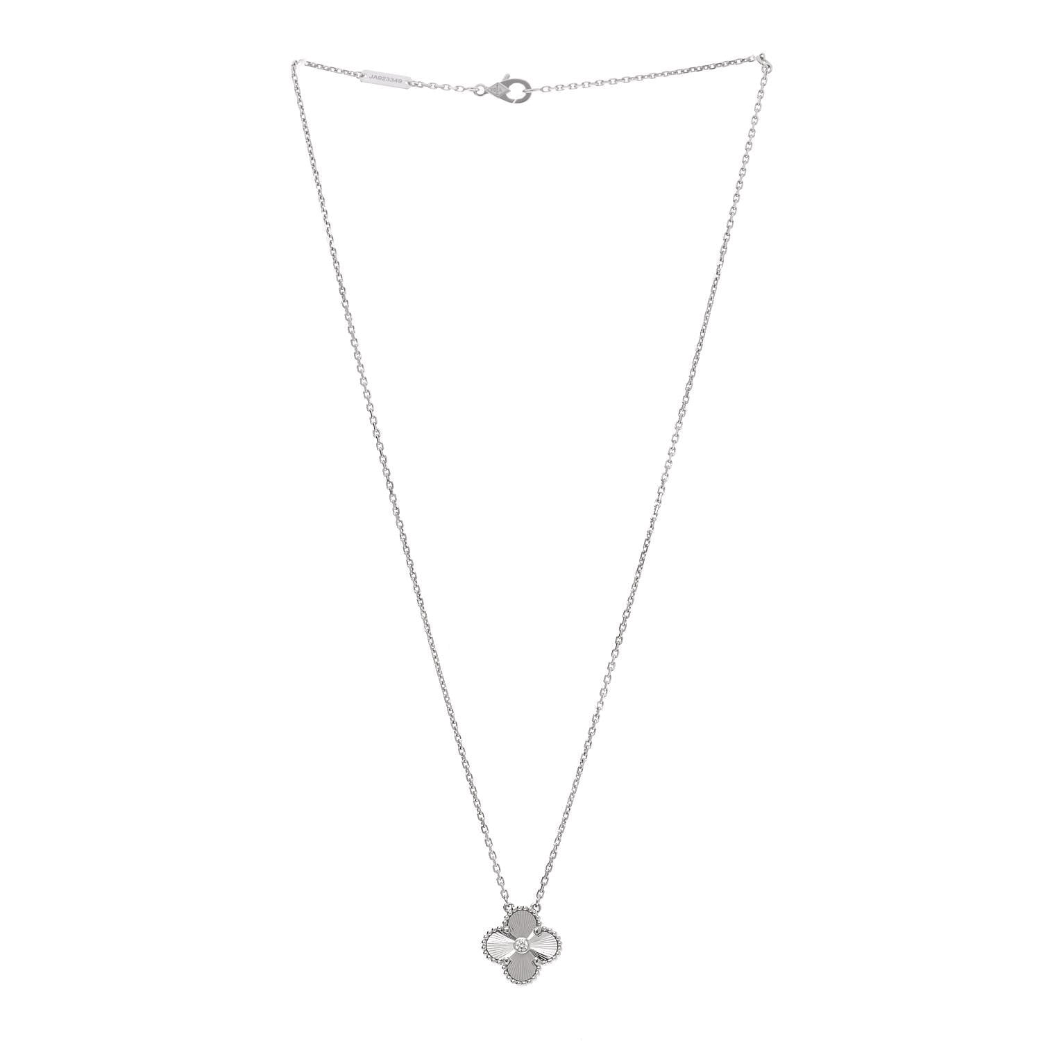 Van Cleef & Arpels 18K White Gold Diamond Guilloche Vintage Alhambra Pendant Necklace 3 of 7