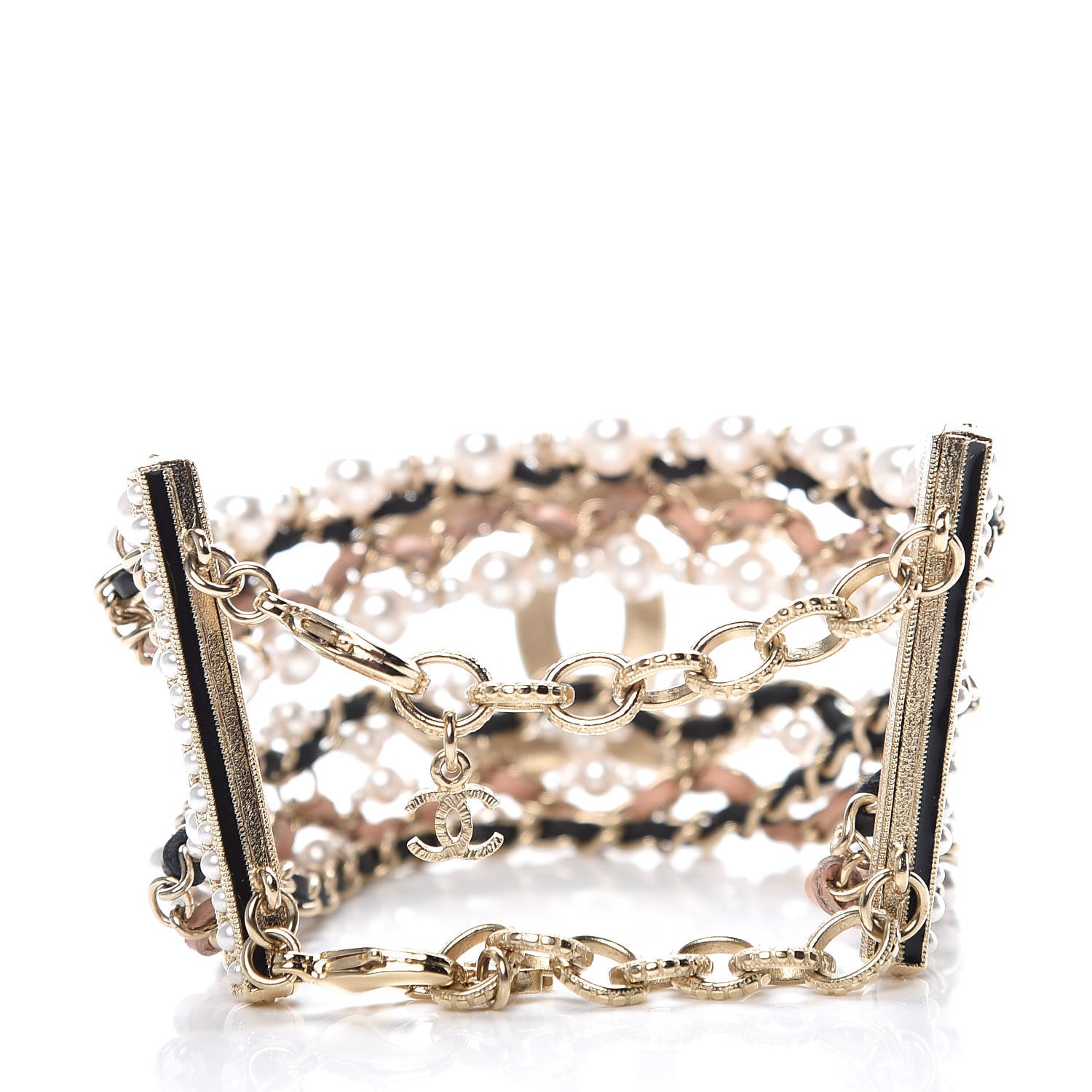 Chanel Pearl Lambskin CC Multistrand Bracelet Gold Black Beige Pink 3 of 7
