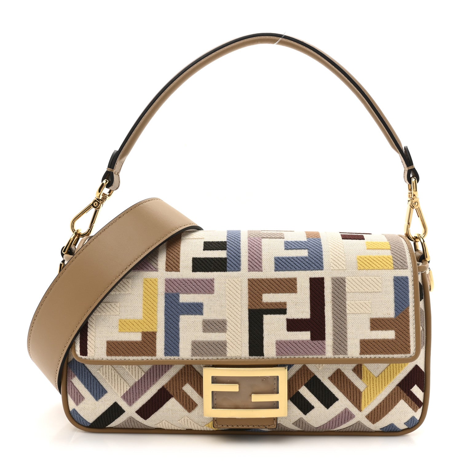 Fendi Canvas Vitello King FF Multicolor Embroidered Baguette Dusty