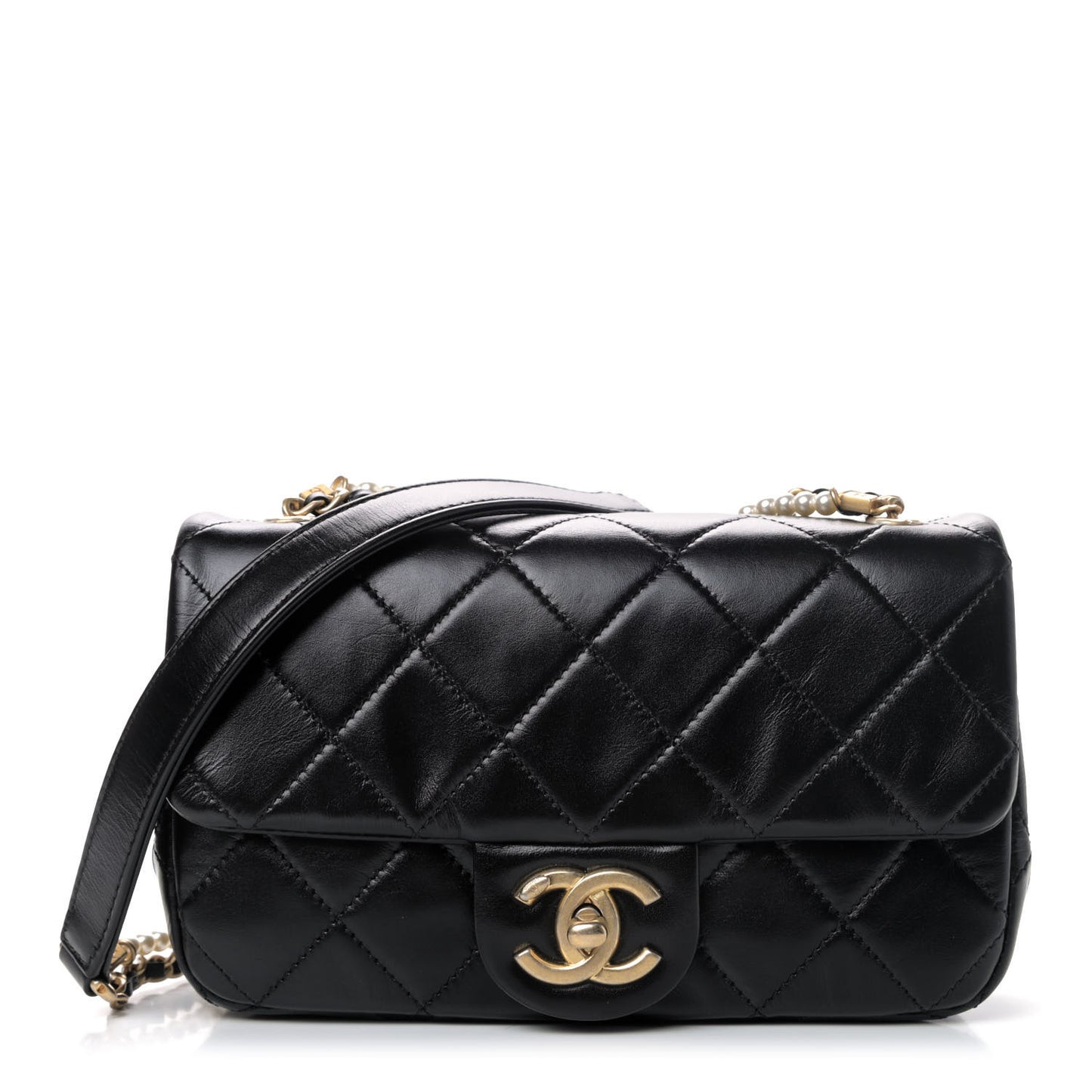 Calfskin Quilted Mini Rectangular Crystal Pearls Chain Flap Black