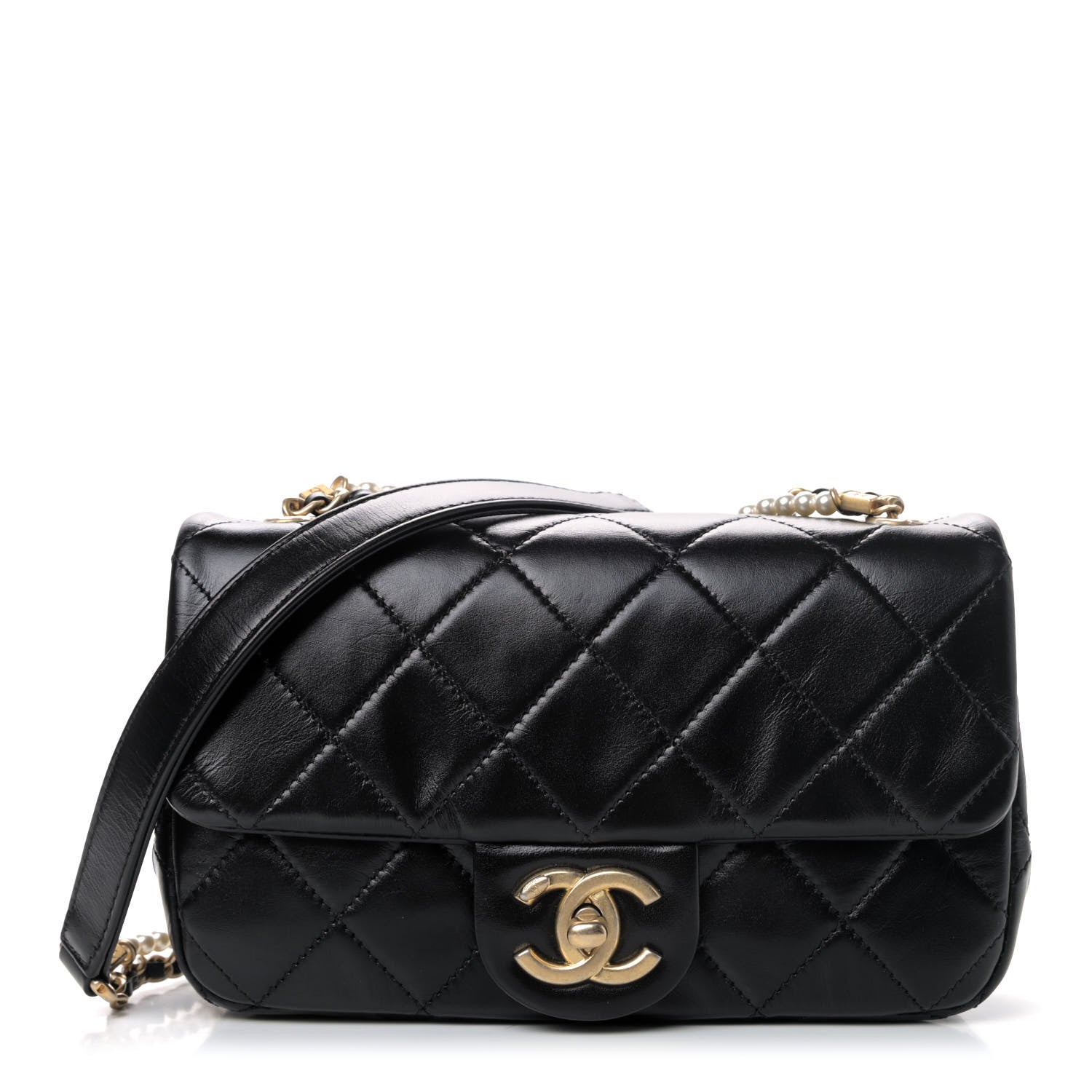 Chanel Calfskin Quilted Mini Rectangular Crystal Pearls Chain Flap Black 1 of 4