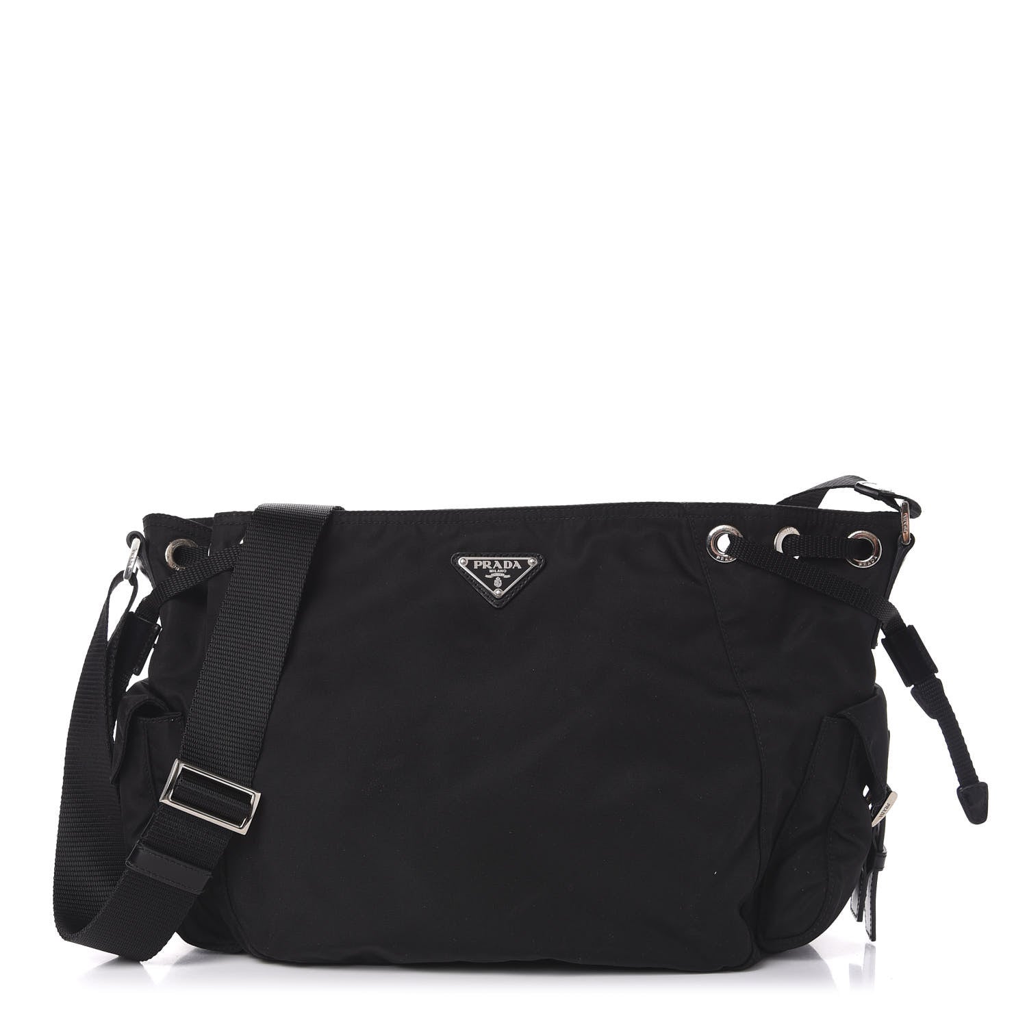 Prada Tessuto Nylon Soft Calfskin Drawstring Shoulder Bag Black 1 of 9