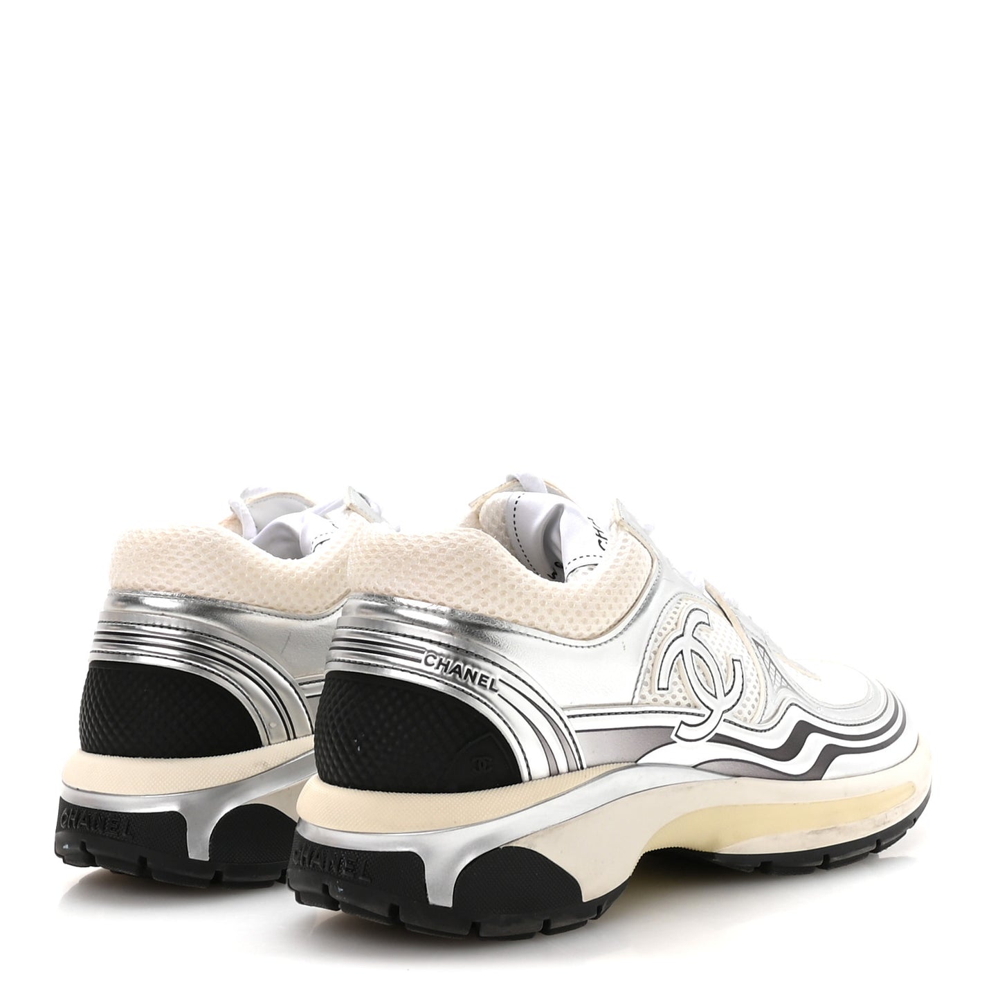 Fabric Laminated Calfskin Stretch CC Womens Sneakers 37.5 White Silver
