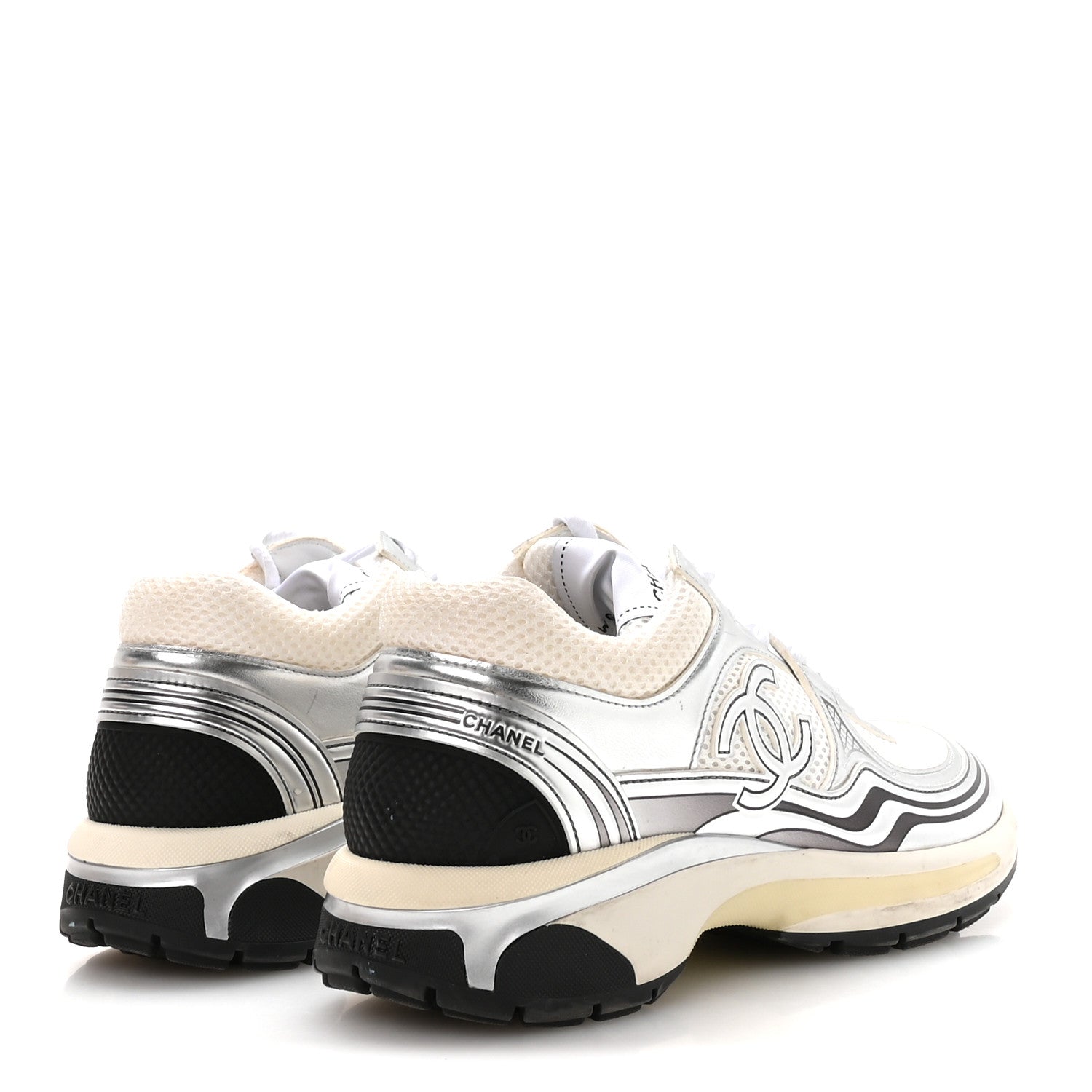 Chanel Fabric Laminated Calfskin Stretch CC Womens Sneakers 37.5 White Silver 5 of 8