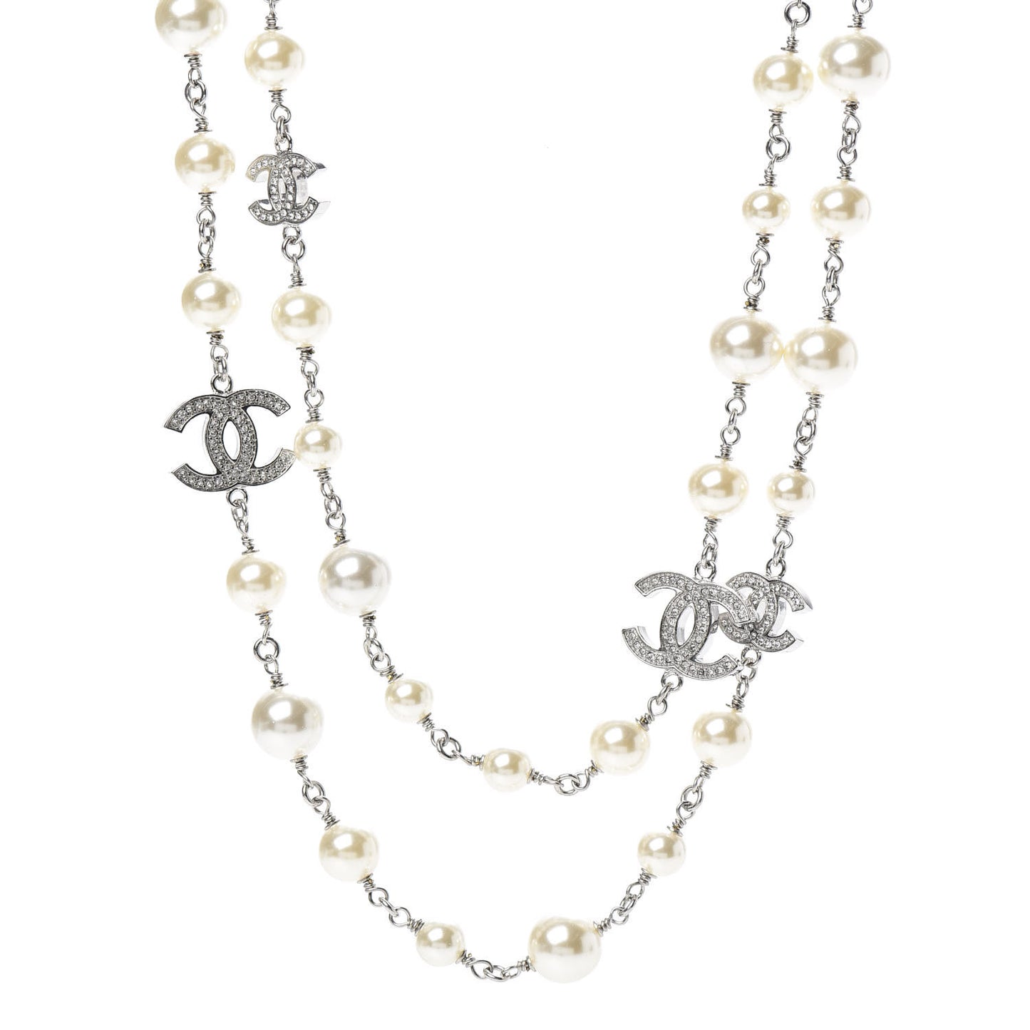 Crystal Pearl CC Long Necklace Silver