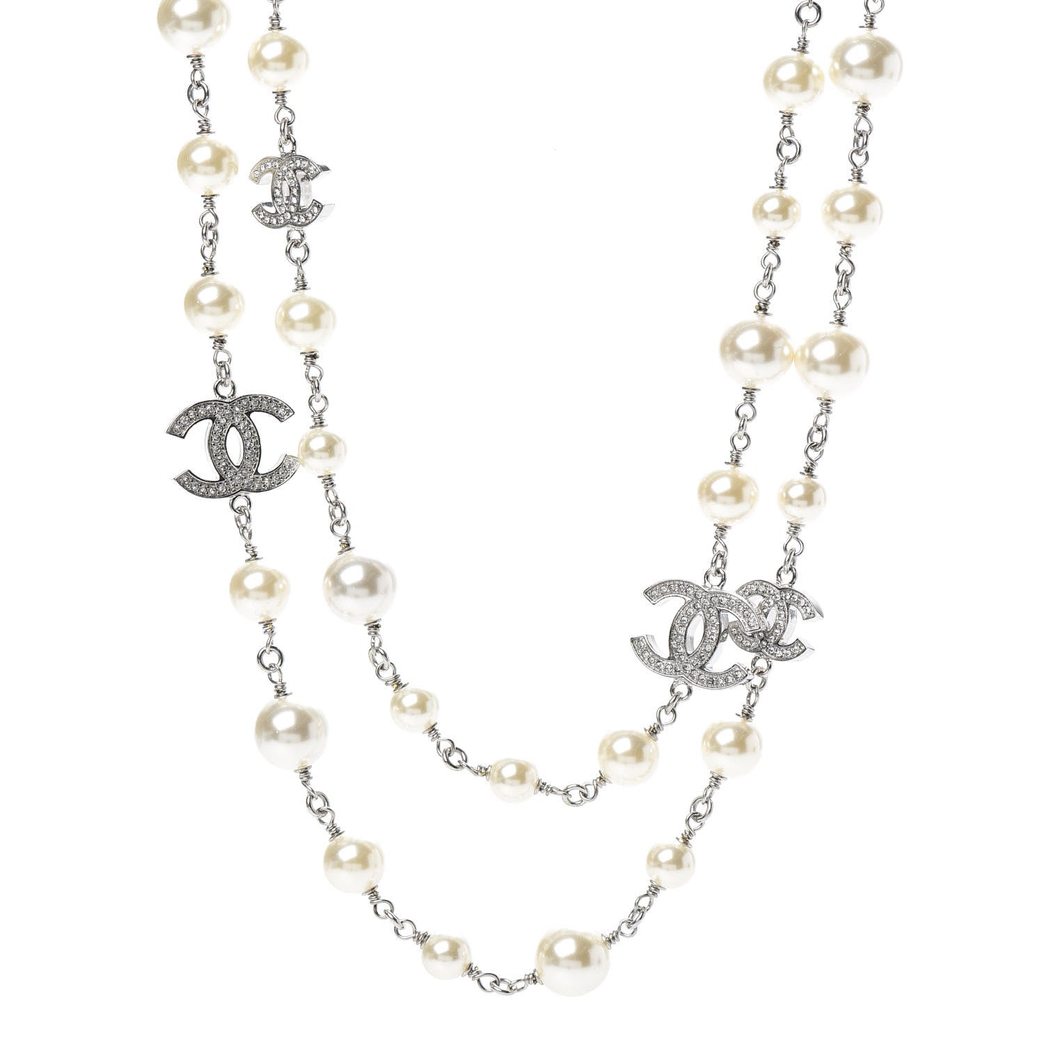 Chanel Crystal Pearl CC Long Necklace Silver 1 of 5