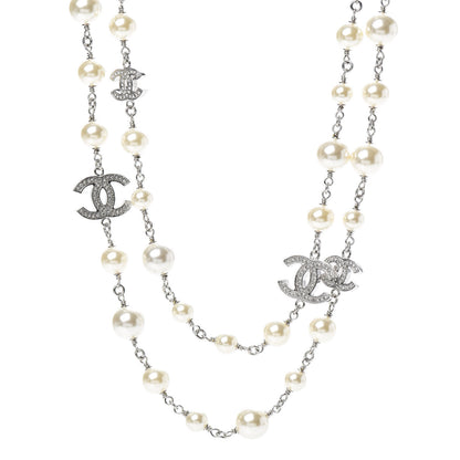 Chanel Crystal Pearl CC Long Necklace Silver 1 of 5