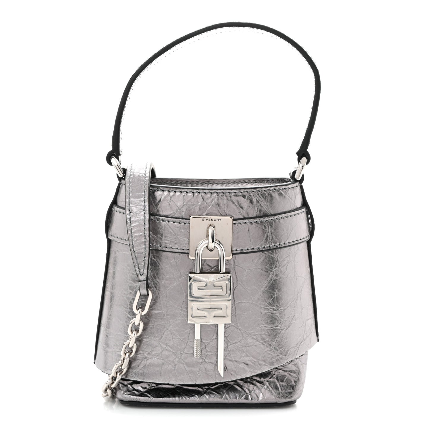 Laminated Lambskin Micro Shark Lock Bucket Bag Silvery Grey