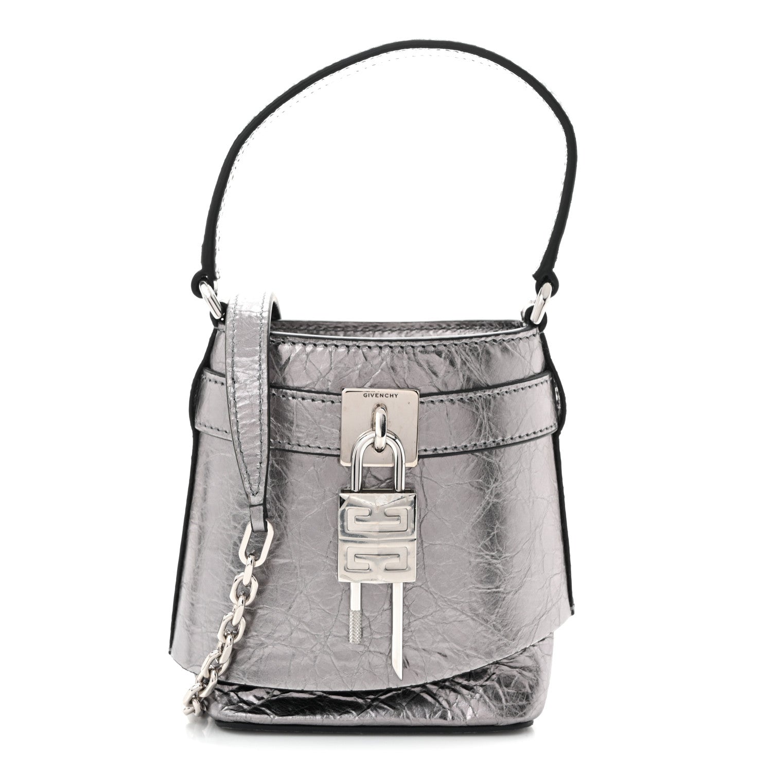 Givenchy Laminated Lambskin Micro Shark Lock Bucket Bag Silvery Grey 1 of 10