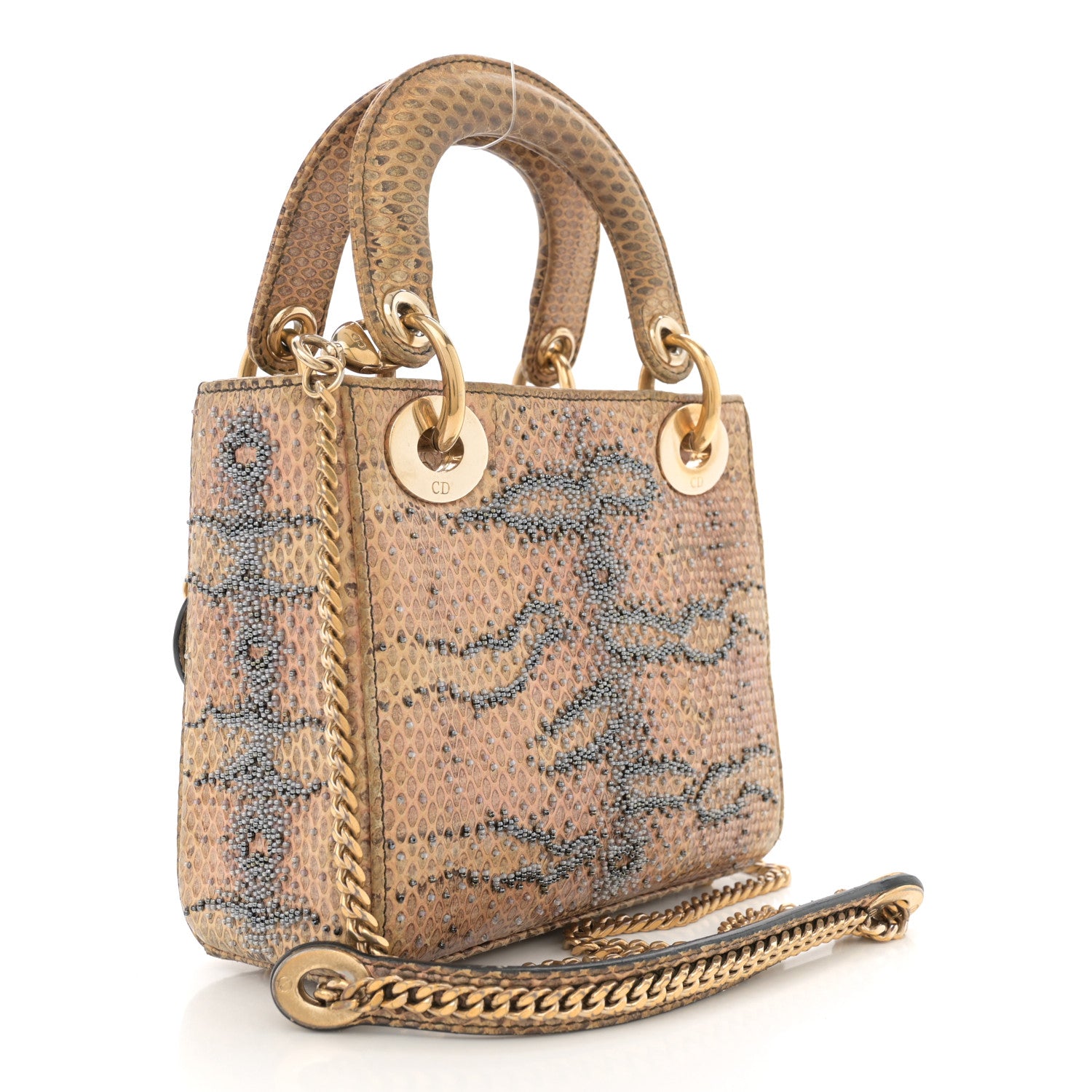 Christian Dior Snakeskin Beaded Mini Lady Dior Beige Multicolor 3 of 10