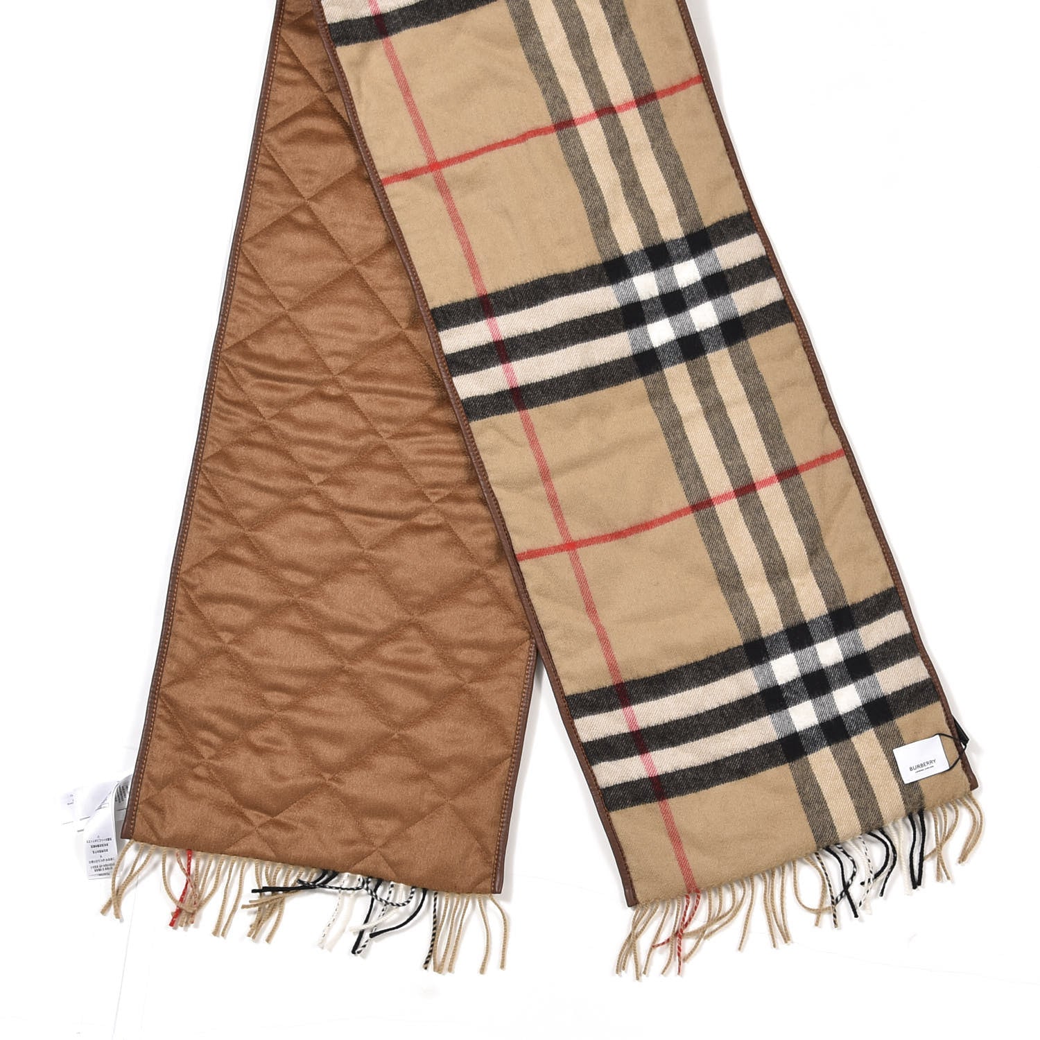 Burberry Cashmere Lambskin Trimmed Vintage Check Fringe Scarf Beige 2 of 4