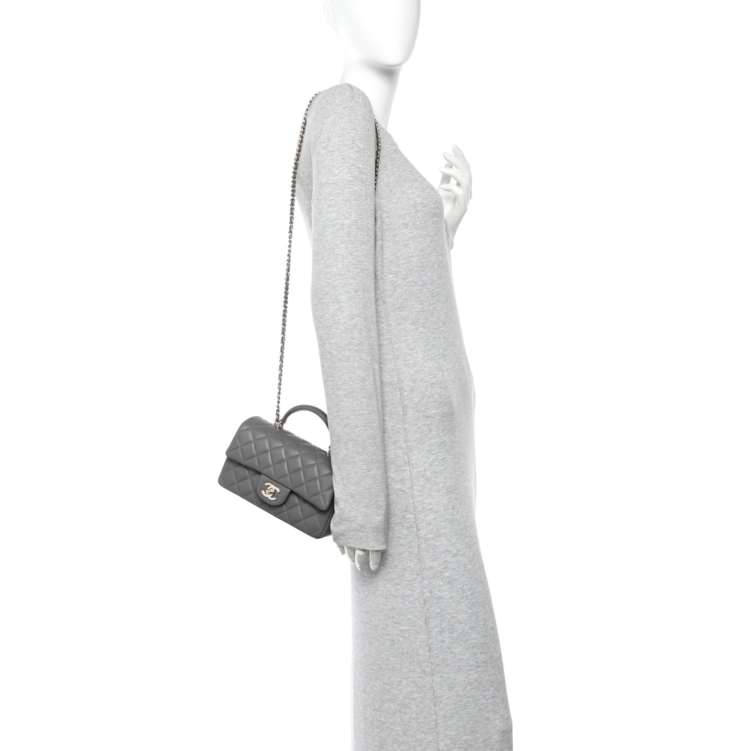 Chanel Lambskin Quilted Mini Top Handle Rectangular Flap Dark Grey