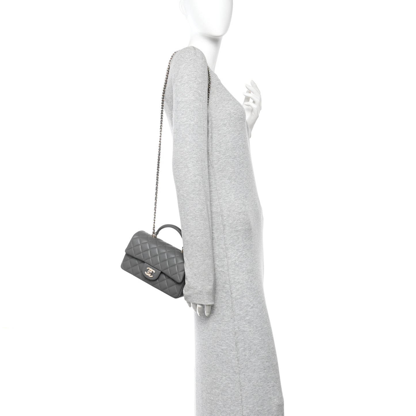 Lambskin Quilted Mini Top Handle Rectangular Flap Dark Grey