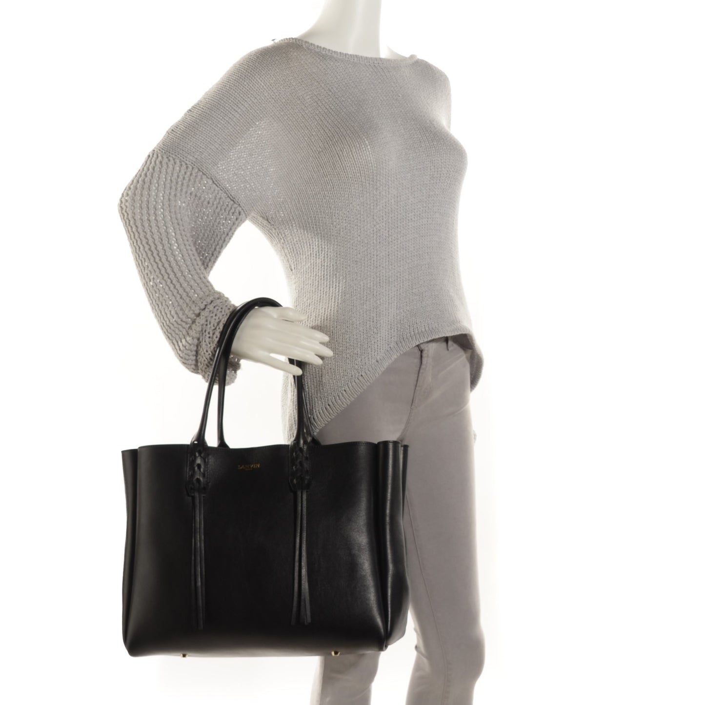 LANVIN Smooth Calfskin Small Fringe Shopper Tote Black