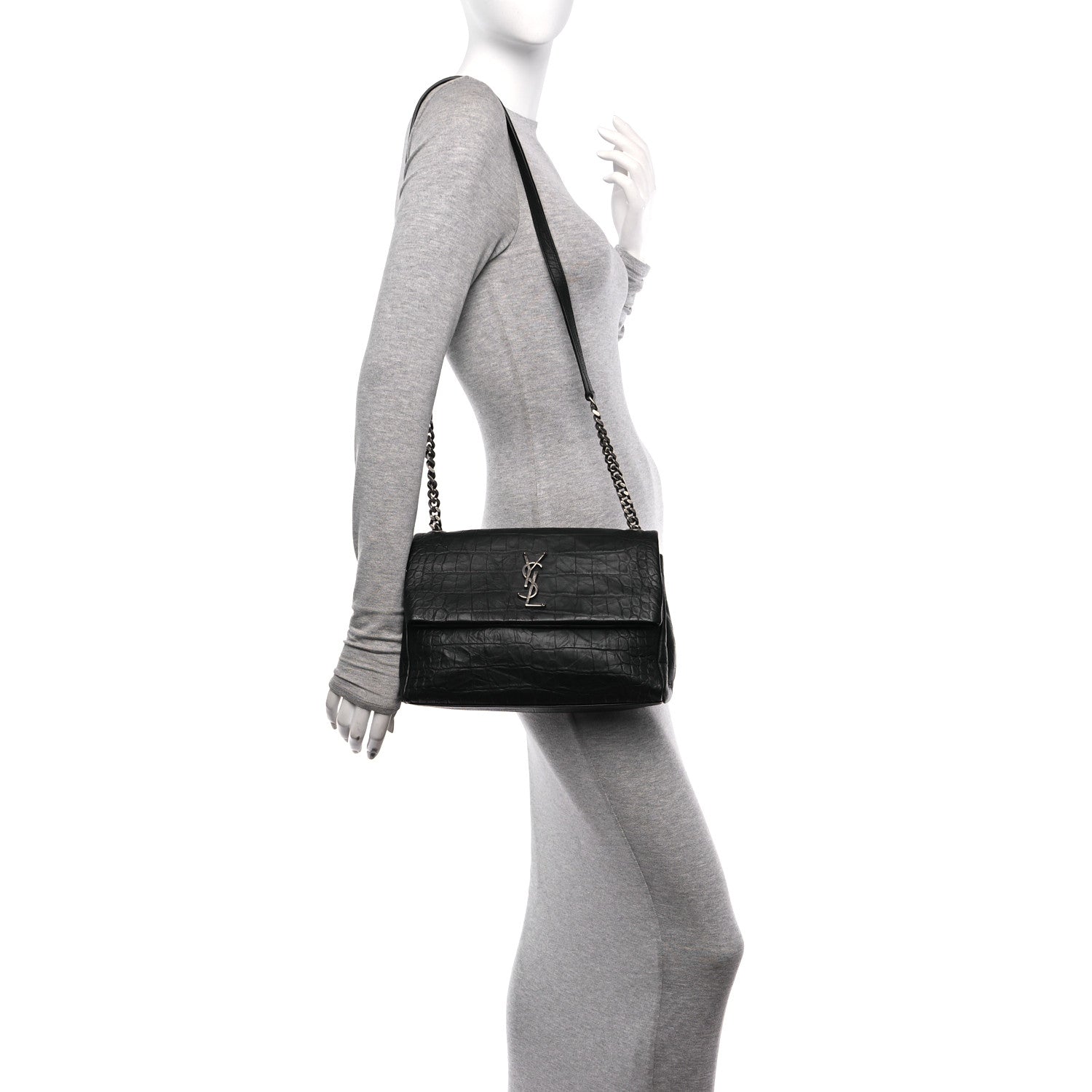 Saint Laurent Calfskin Crocodile Embossed Medium West Hollywood Monogram Fold-Over Black 2 of 11