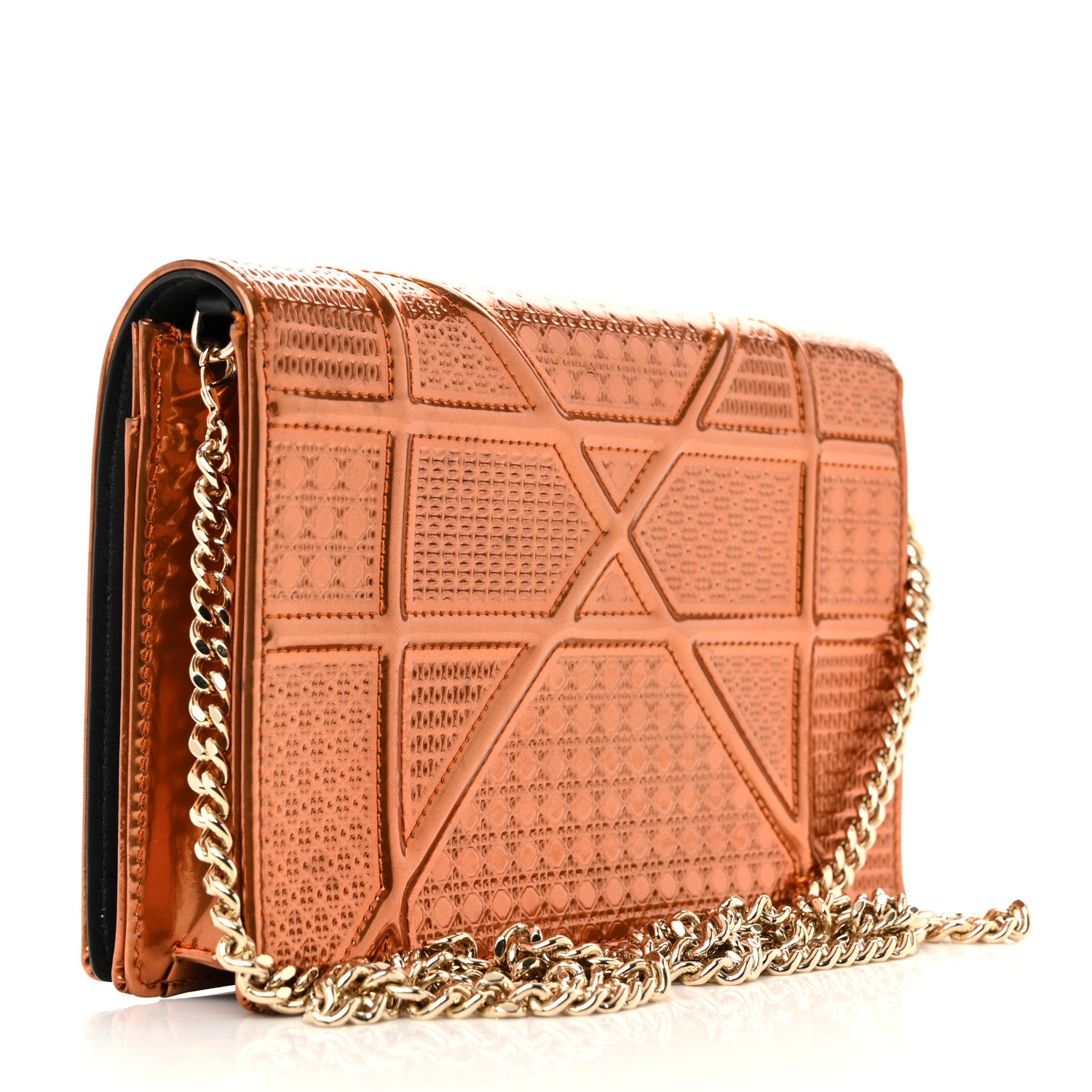 Christian Dior Metallic Patent Micro-Cannage Diorama Wallet on Chain Pouch Orange 3 of 11