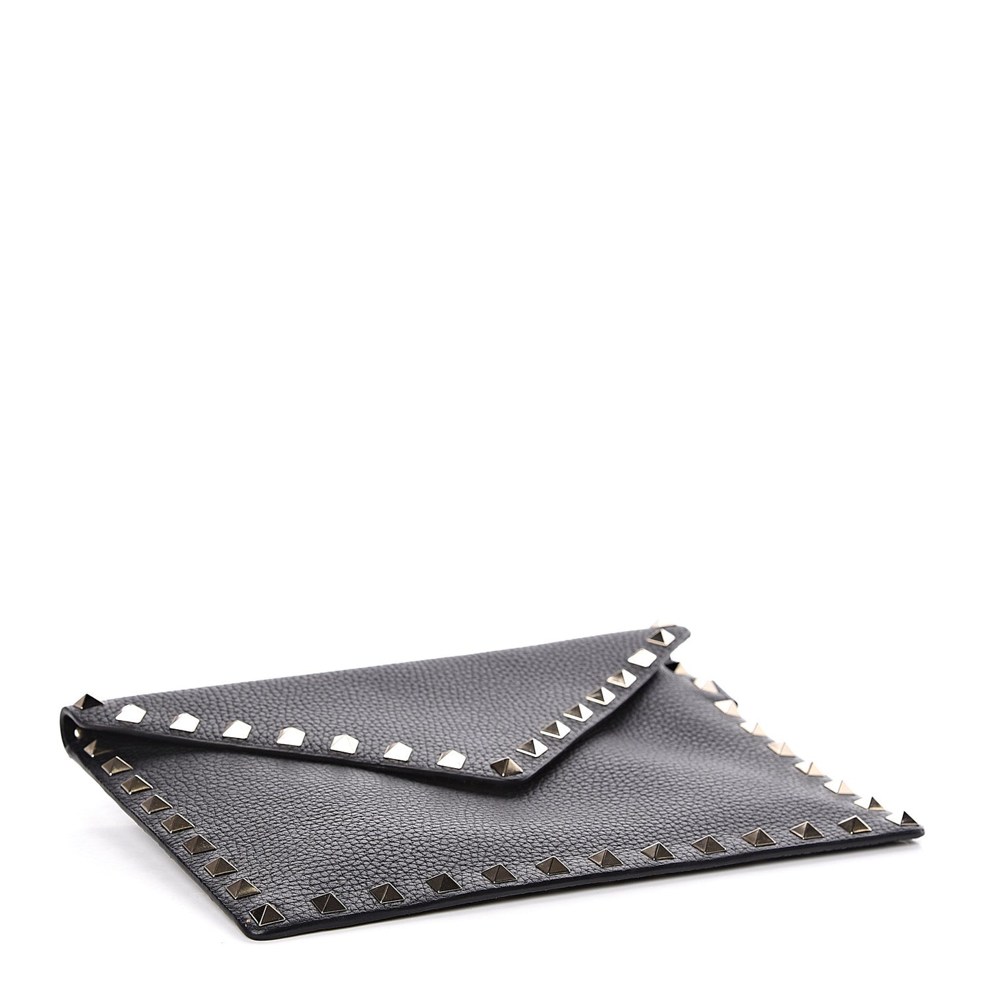 Pebbled Calfskin Medium Rockstud Envelope Flat Wristlet Pouch Black